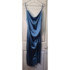 Eclipse Blue Pearl Satin Cowl Neck Midi Dress Side Slit NWT Size L 1437-D